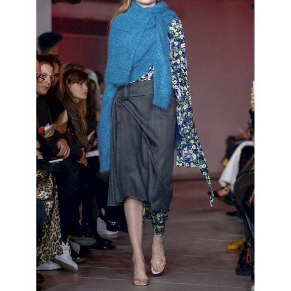 NWT $900 ROKH GRAY HERRINGBONE SIDE PLEAT WOOL BLEND MIDI SKIRT IT SZ 34 US SZ 2 - Picture 1 of 9